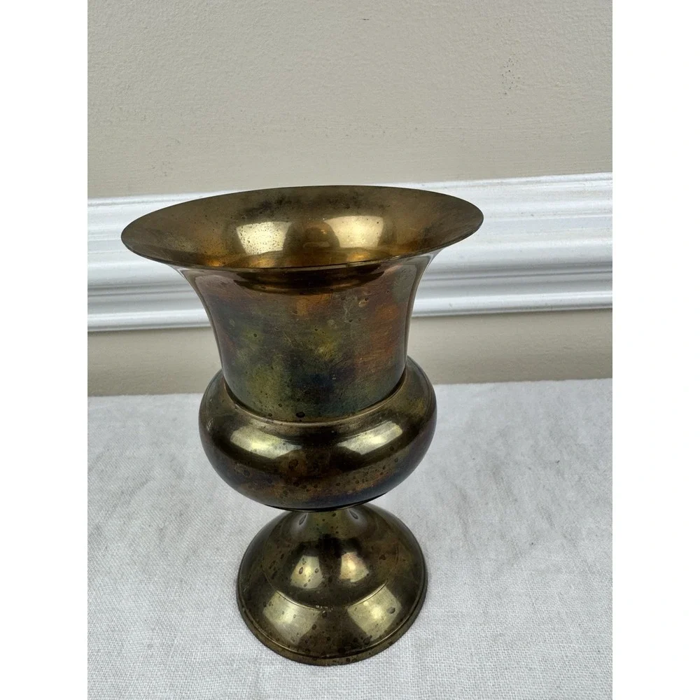 Vintage Solid Brass Urn Vase Made in India Flared Rim Pedestal Base Aged Patina